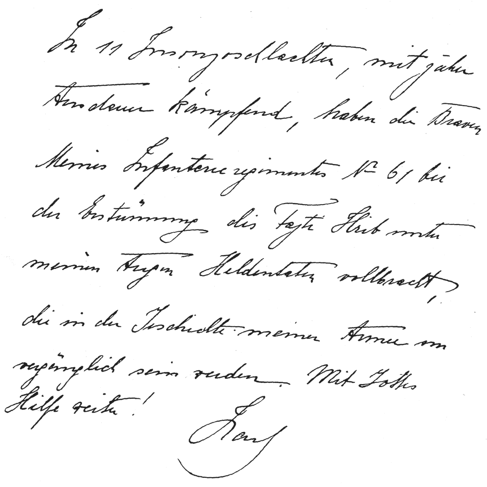 Dedicația scrisă de mână, în germană: „In 11 Isonzoschlachten, mit zäher Ausdauer kämpfend, haben die Braven Meines Infanterieregiments No 61...”.