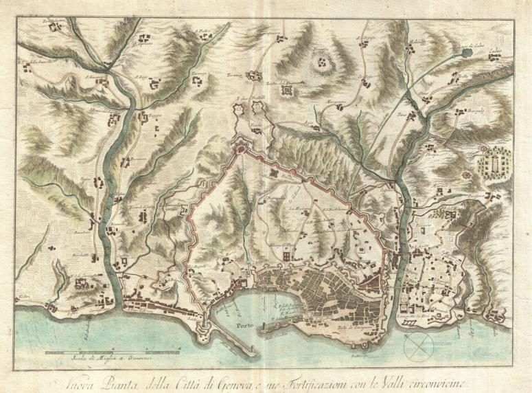 Genova și împrejurimile ei în timpul asediului din 1800. Sursa: Universitatea din Bologna (historica.unibo.it), imagine preluată din lucrarea lui Alexandru Petrașcu.