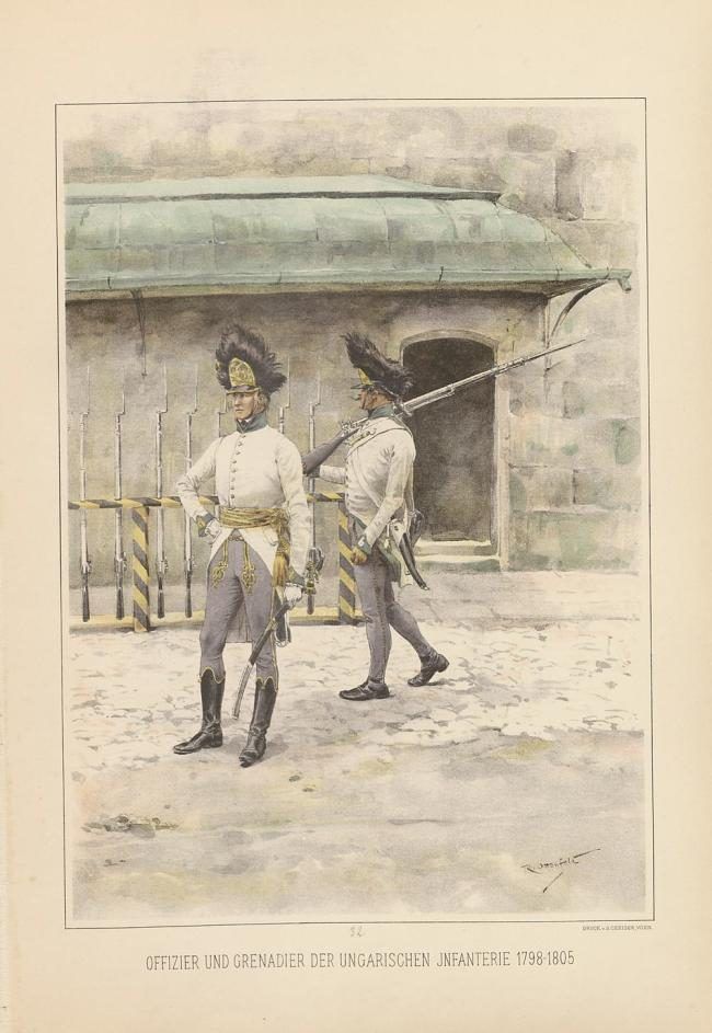 Ofițer și grenadier al infanteriei maghiare, 1798–1805. Planșă de Rudolf von Ottenfeld din lucrarea Die österreichische Armee von 1700 bis 1867 (1895).