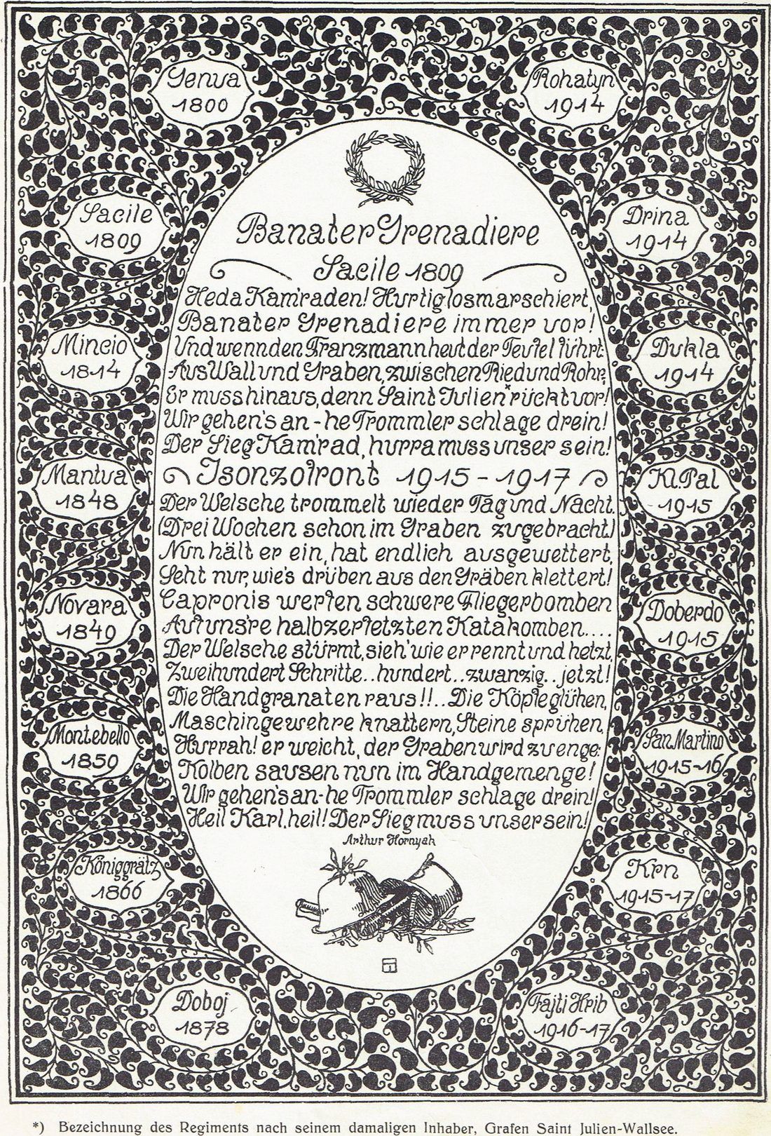 Pagina „Banater Grenadiere – Sacile 1809”, versuri de Arthur Hornyák, din albumul 61 in Waffen (1918).