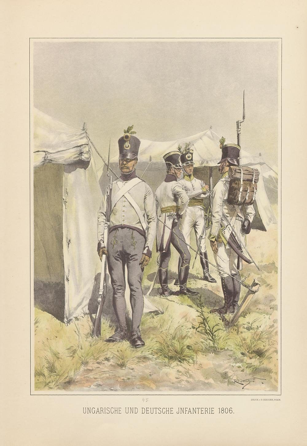 Infanterie maghiară și germană în 1806. Planșă de Rudolf von Ottenfeld din Die österreichische Armee von 1700 bis 1867 (1895).