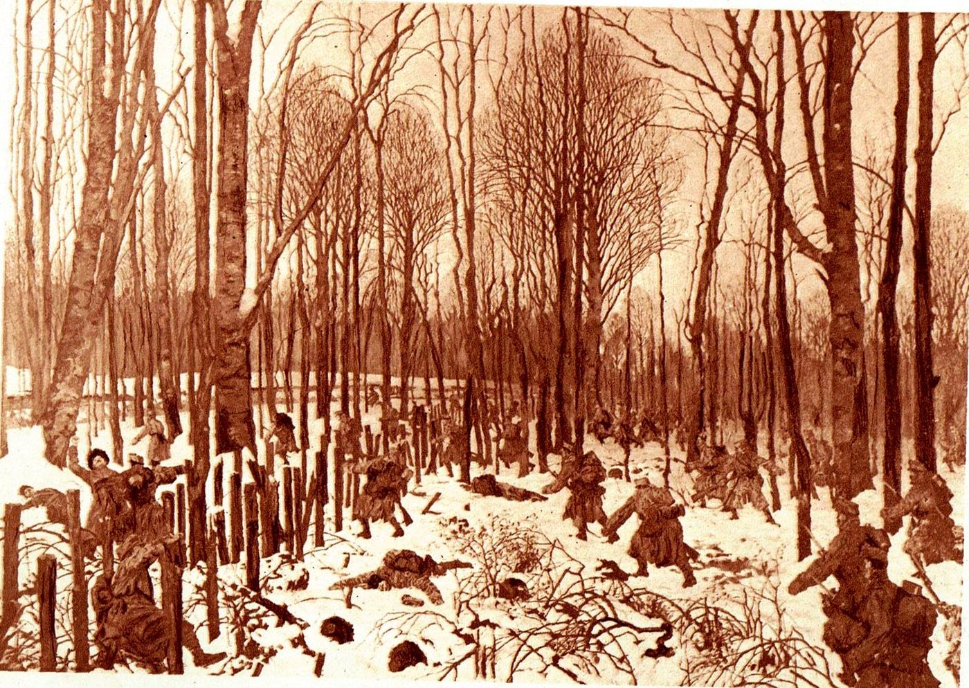 Atacul de noapte al regimentului pe culmea Korumko, în zona Dukla, 3 martie 1915. Planșă din albumul 61 in Waffen.