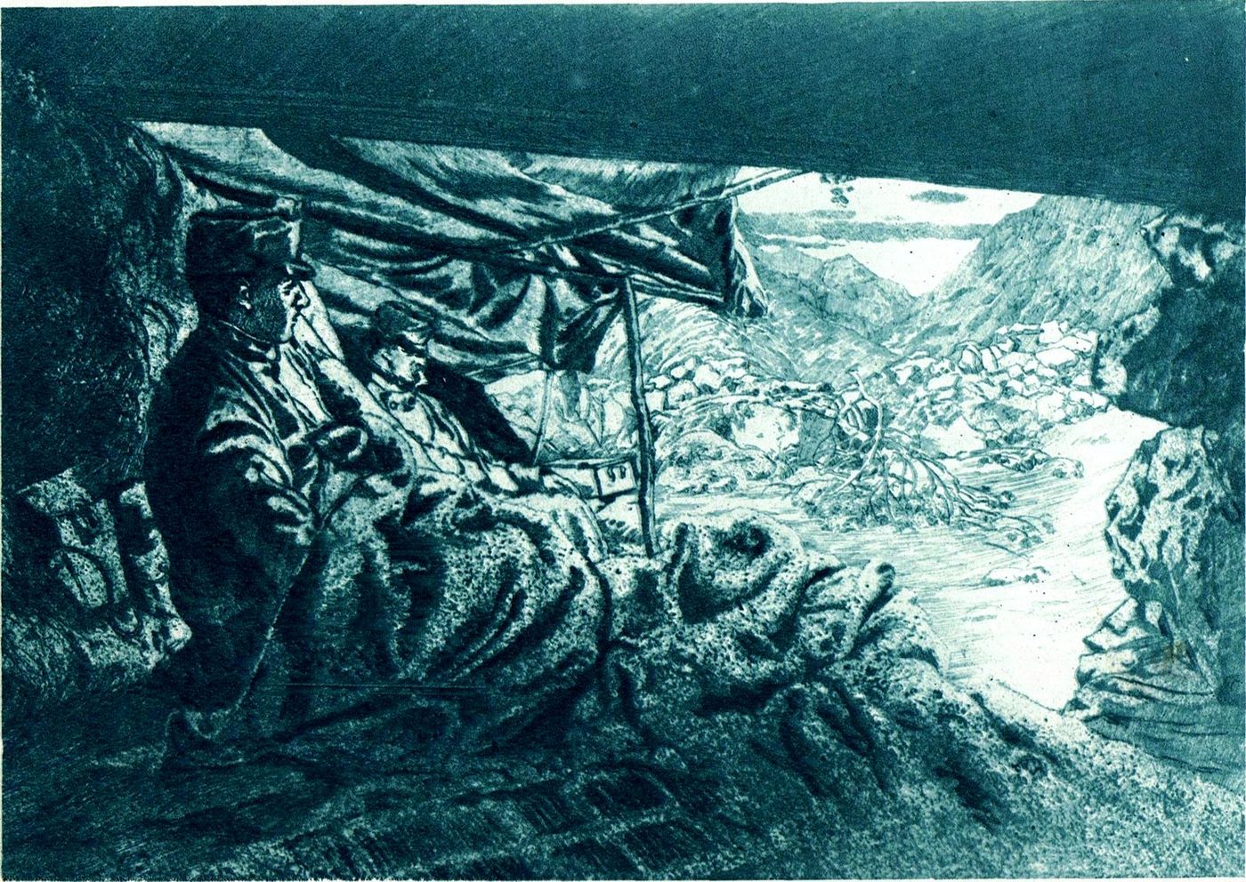 Adăpost pe Kleiner Pal, în Carintia, 1915. Planșă din albumul 61 in Waffen.