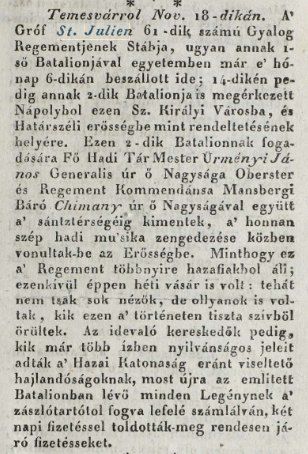 Știrea din Magyar Kurir (2 decembrie 1817) despre întoarcerea regimentului St. Julien la Timișoara.