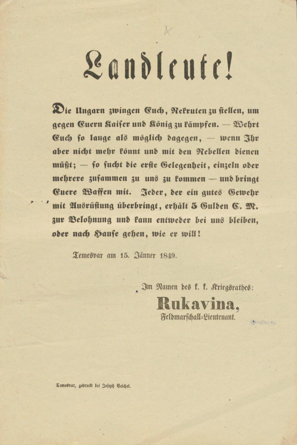 Afișul „Landleute!” („Săteni!”), semnat de Rukavina și tipărit la Timișoara în ianuarie 1849. Sursa: DiFMOE.