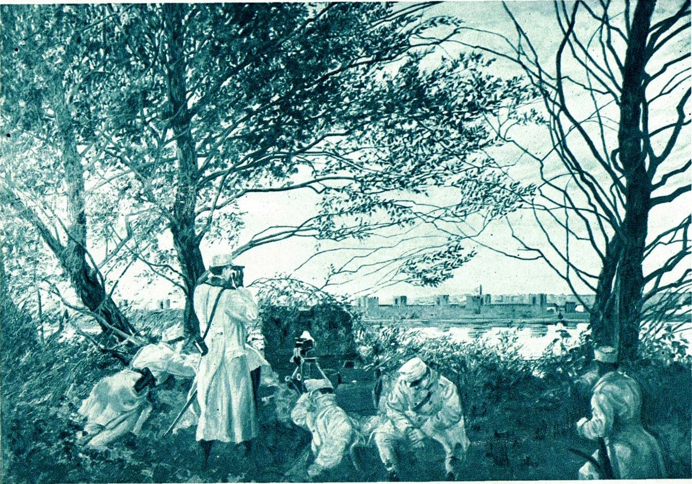 Regimentul la paza graniței, lângă Semendria (Smederevo), august 1914. Planșă din albumul 61 in Waffen (1918).